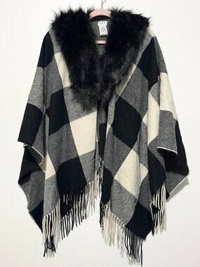 J Crew Womens Faux Fur Cape Scarf Fringed OS Buffalo Plaid Flannel Cabincore